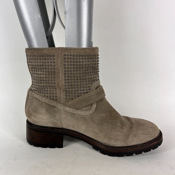 Coach Gates women's size 7.5 grey taupe suede bronze stud ankle moto booties - Picture 3 of 11